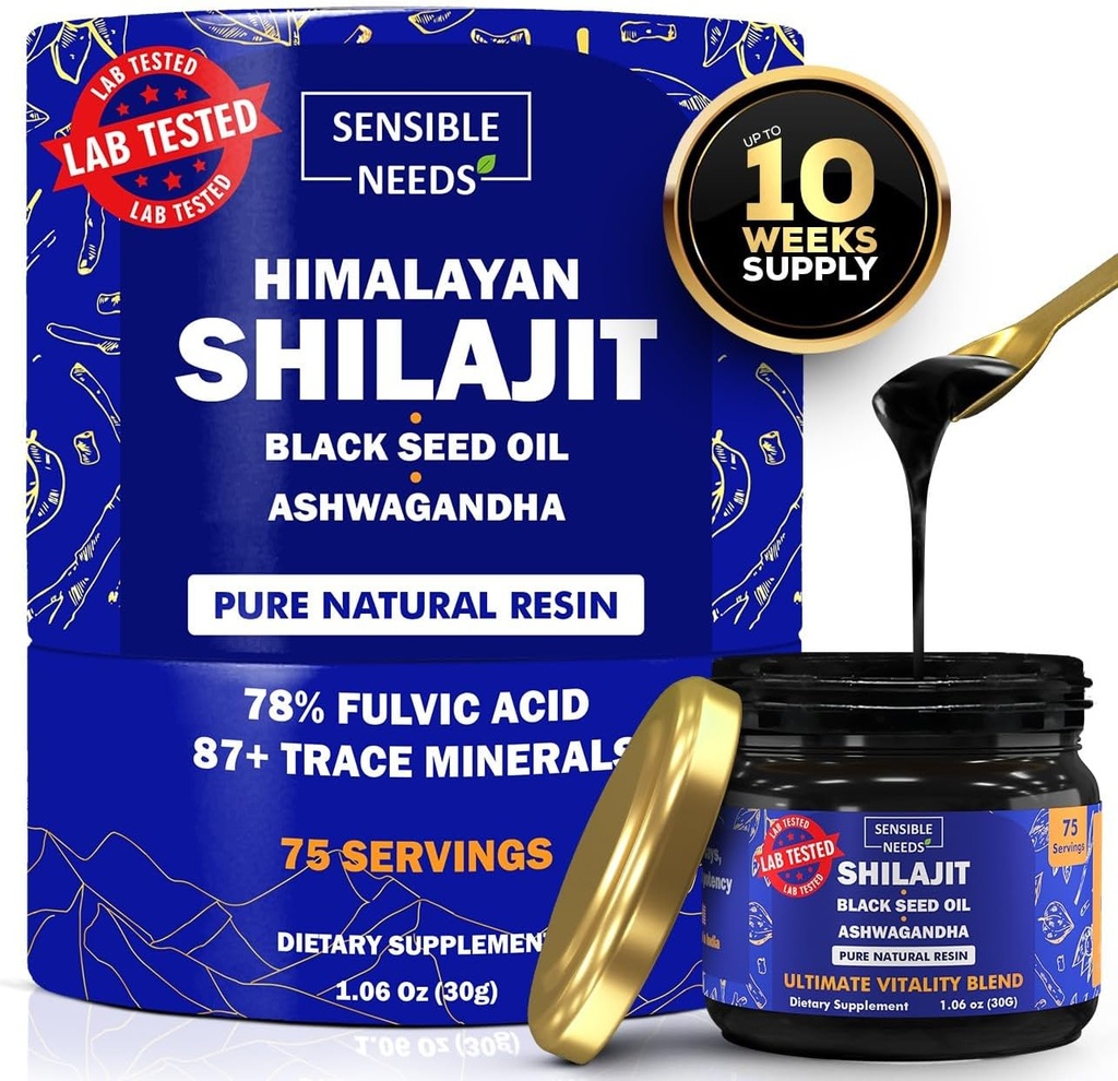 Čisté Himalájské Shilajit Organic Resin Dodatek, Shilajit pro muže a ženy s černým semenným olejem & Ashwagandha, Energie, Imunita, 78% Fulvic Acid, 87 + Stopové minerály, 400mg
