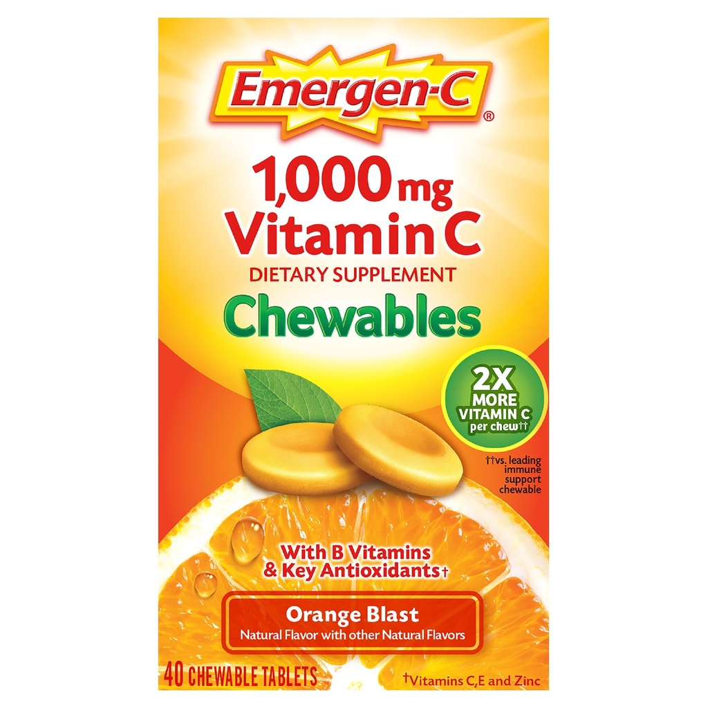 Emergen- C Žvýkací vitamín C 1000mg, S B vitaminy a antioxidanty Tablet (40 Počet, Orange Blast Flavor), Dietní dodatek