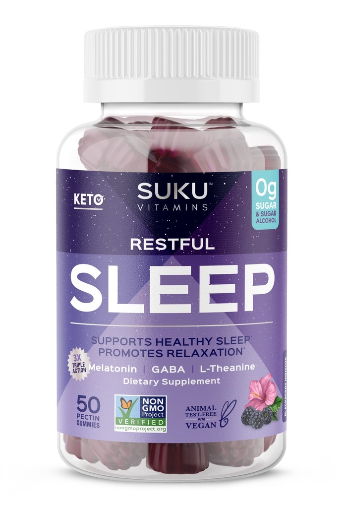 Suku Restful Sleep Gummies - 3 mg melatoninu, L- Theanine & GABA - Vegan, Sugar- Free Chewable for Relaxation & Natural Sleep Support - BlackBerry- Hibiscus Flavor - Non- GMO, gluten- Free - 50 Count