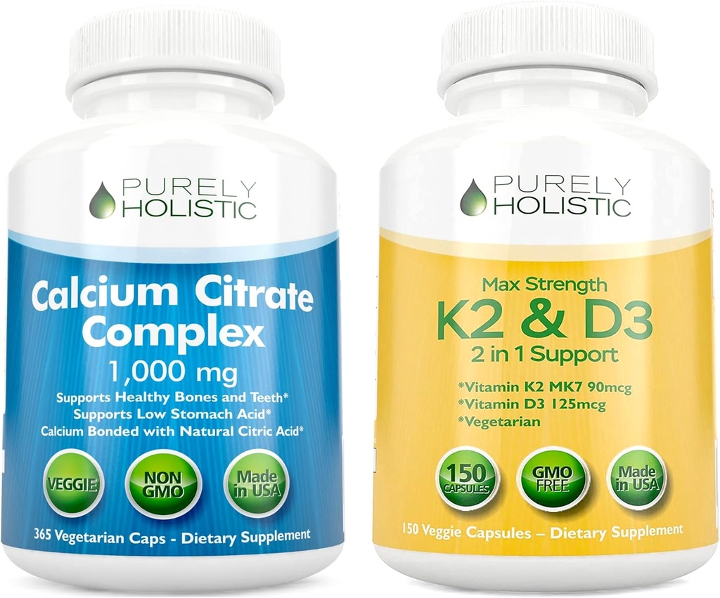 Čistě holistický citrát vápenatý komplex 1000mg + vitamín D3 125mcg K2 MK7 90mcg - 365 Veganské kapsle + 150 Vegetariánské kapsle Bundle - Vyrobeno v USA