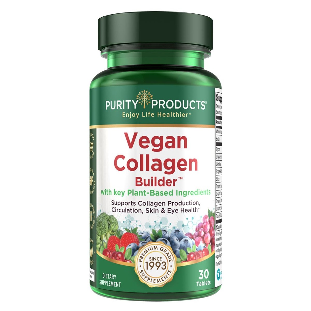 Vegan Collagen Builder - Organic All Foods Fruits + Veg, Silica, Lutein, Vitamin C, Biotin, Grape Seed - Amino Acids Glycine, Lysin + Proline Collagen Boosters (30 Služeb, tablety)