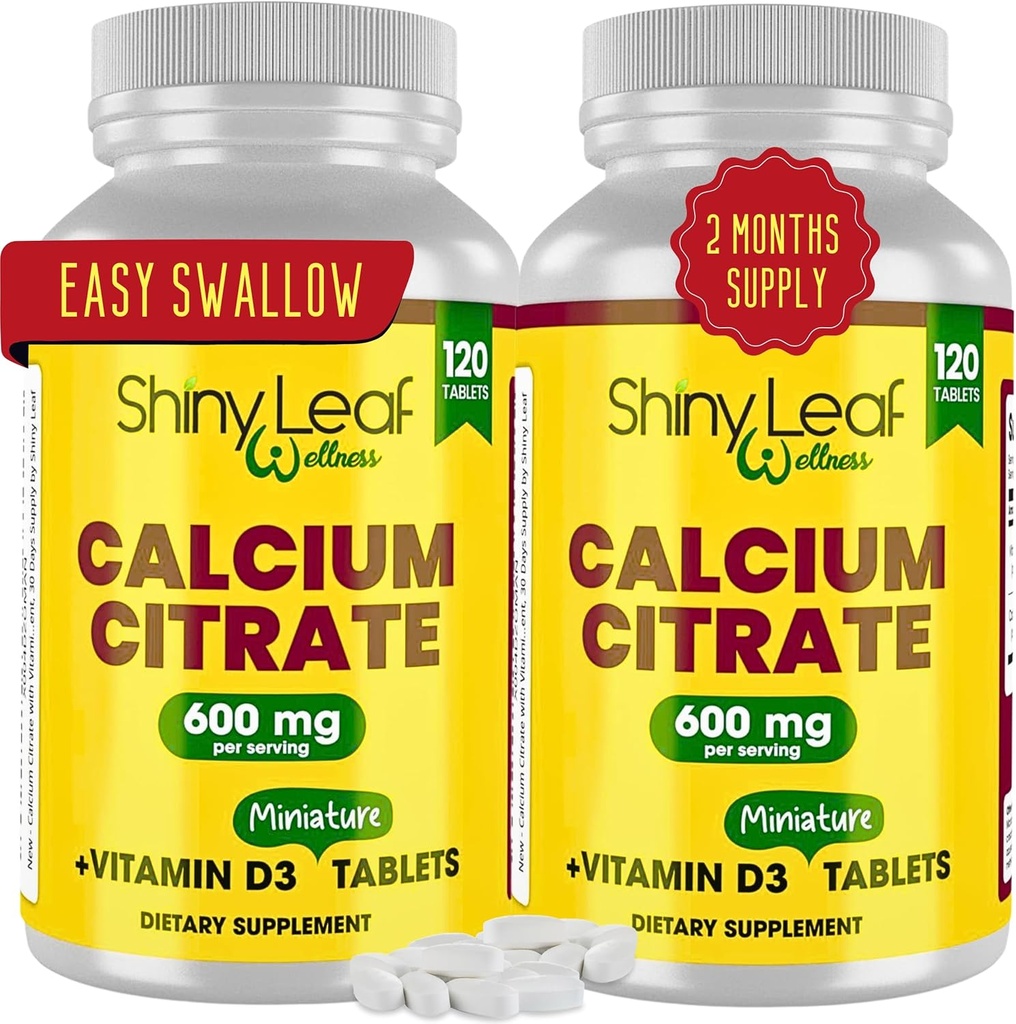 Shiny Leaf vápník Minis 600 mg - Denní tablety vápníku Citrát 600mg Plus vitamín D3 pro bariatrické post- Op a gastrický bypass pro ženy a muže, snadno polykat, Made in USA, Vegetarian - 240 Ct.