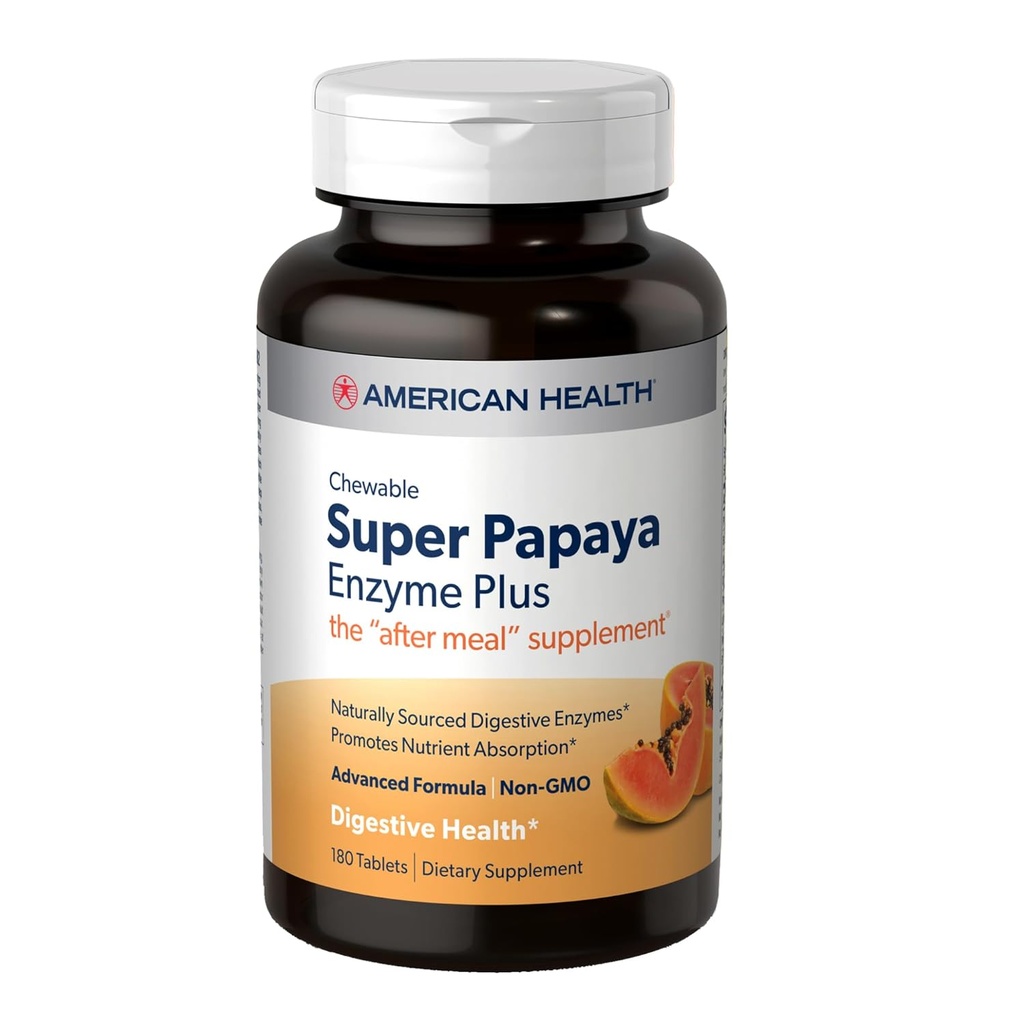 American Health Super Papaya Enzyme Plus - 180 Žvýkací tablety - After-Meal dodatek - Non- GMO - 60 Služeb