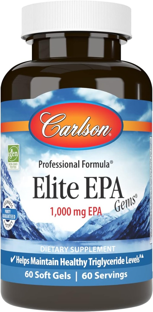 Carlson - Elite EPA Gems, 1000 mg EPA Fish Oil, Wild- Caught, Norský dodatek k rybím oleji, Udržitelně sourced, Pomáhá udržet zdravé hladiny triglyceridů, 60 Softgels