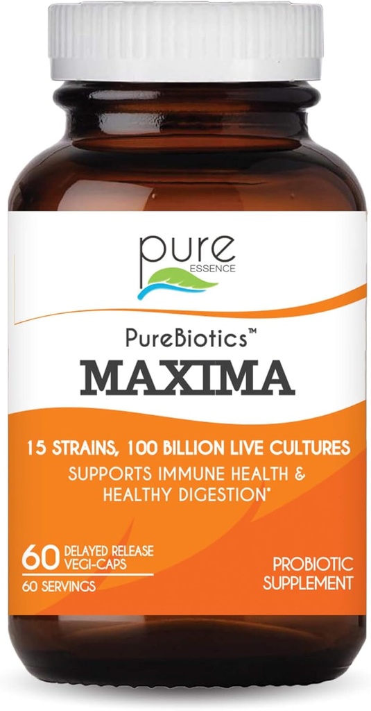 PURE ESSENCE LABS Maxima Probiotika 100 miliard CFU - muži a ženy Probiotický dodatek pro lepší stravení - 15 Strany pro imunitní podporu a stravitelné zdraví (60 Kapsle)