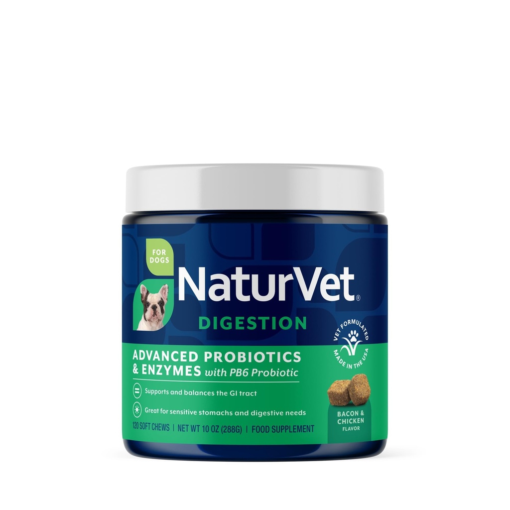 NaturVet Advanced Probiotika & Enzymy, PB6 Pes Měkké Žvýkačky na pomoc citlivé stomachy a stravovací otázky, Hickory Smoked Bacon ochucený Pet dodatek pro psy nad 6 týdnů, 120 hrabě Jar