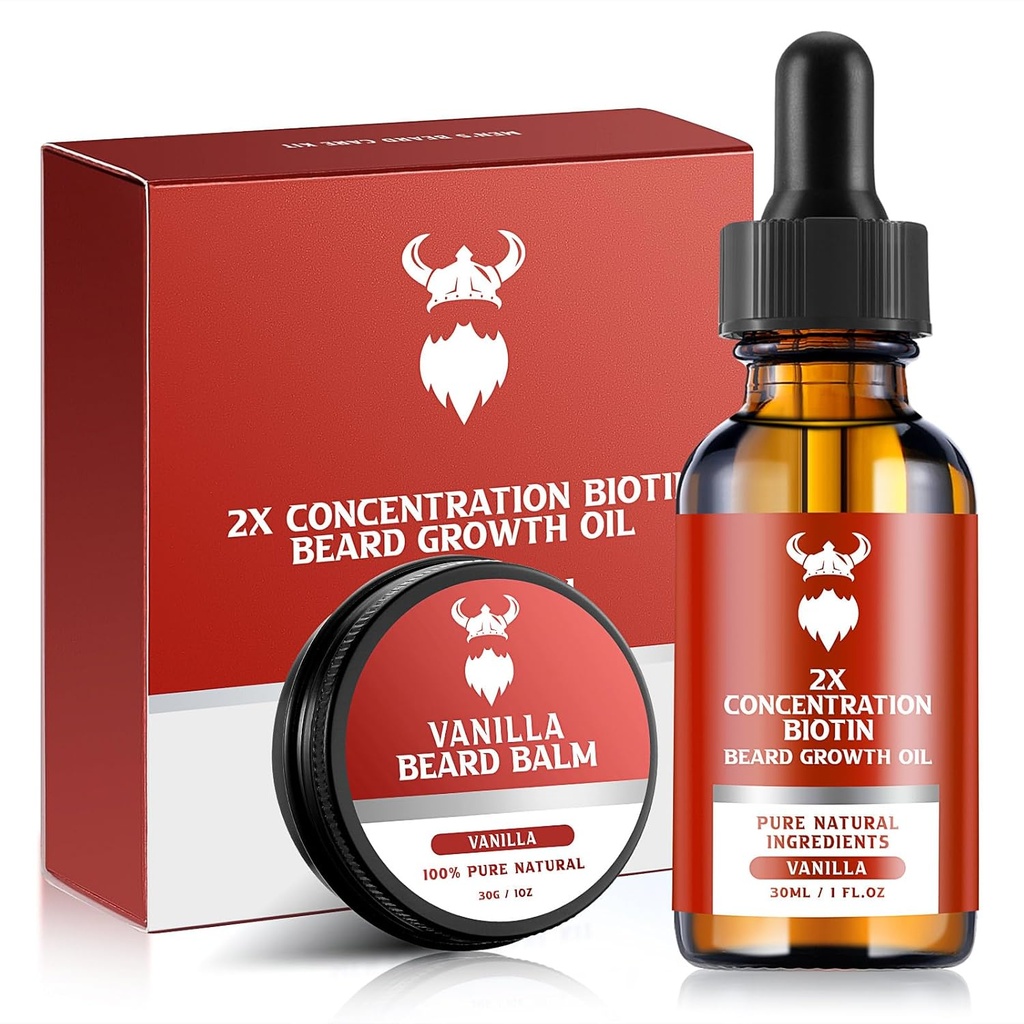 Beard růstová sada - 2X Koncentrace Biotin pro muže, Přírodní složky s arganovým olejem, Jojobový olej a vitamin (Vanilla)