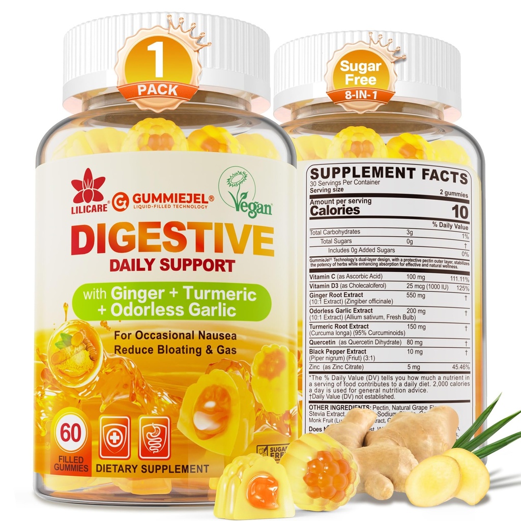 Ginger Chews Gummies for Nausea & Digestive Support, Somech Relief - Cukr bez kurkumy a odorless česnek, Quercetin, Vitamin D3, C, Delicious Digestive doplňky, 60Cts (Balení po 1)