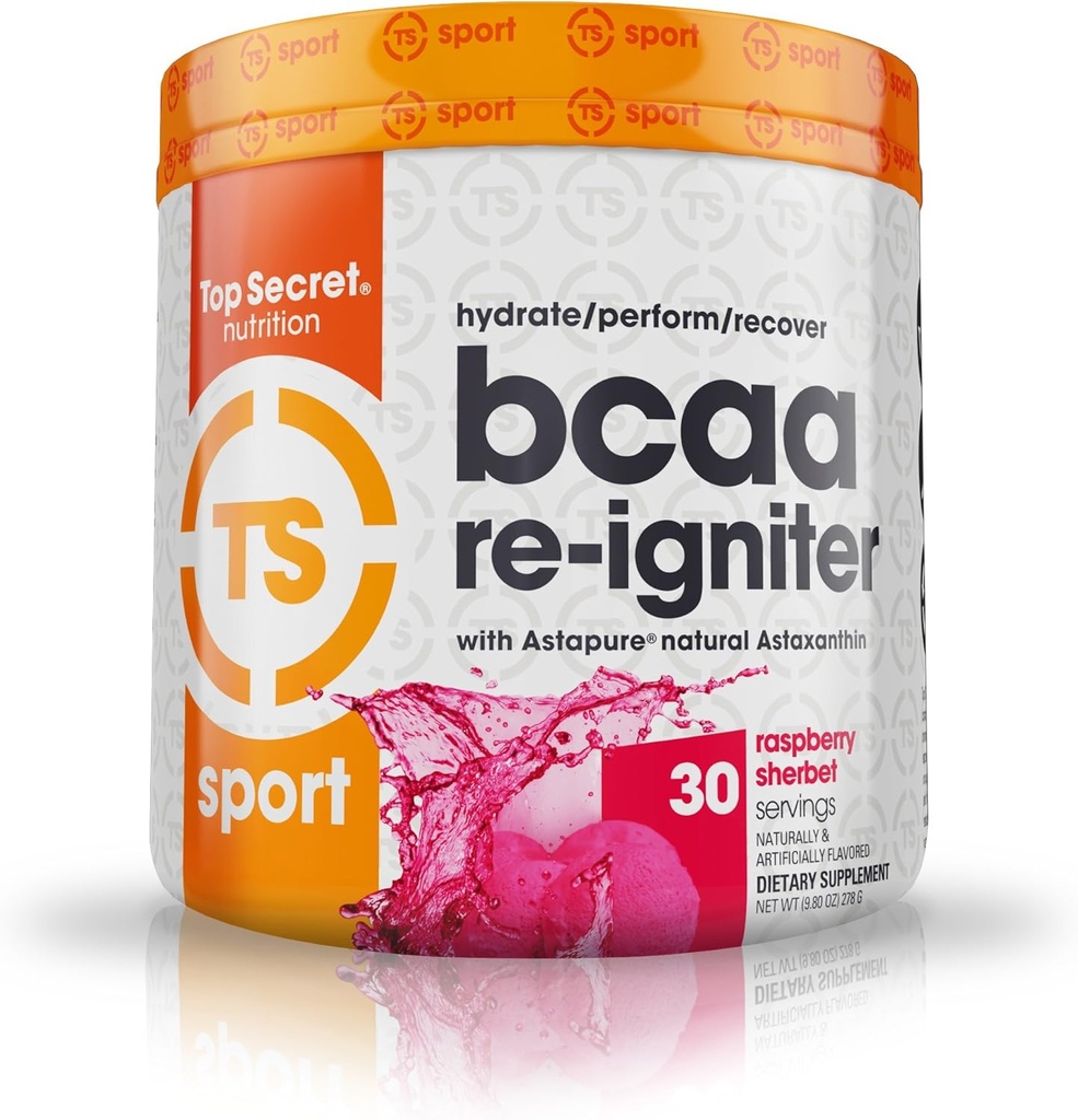 Top Secret Nutrition BCAA Re- Igniter Vegan Amino Acid Dodatek s Astaxanthin a Electrolyte, Hydration Směs s kokosovou vodou, 9.80 oz (30 porcí), Raspberry Sherbet