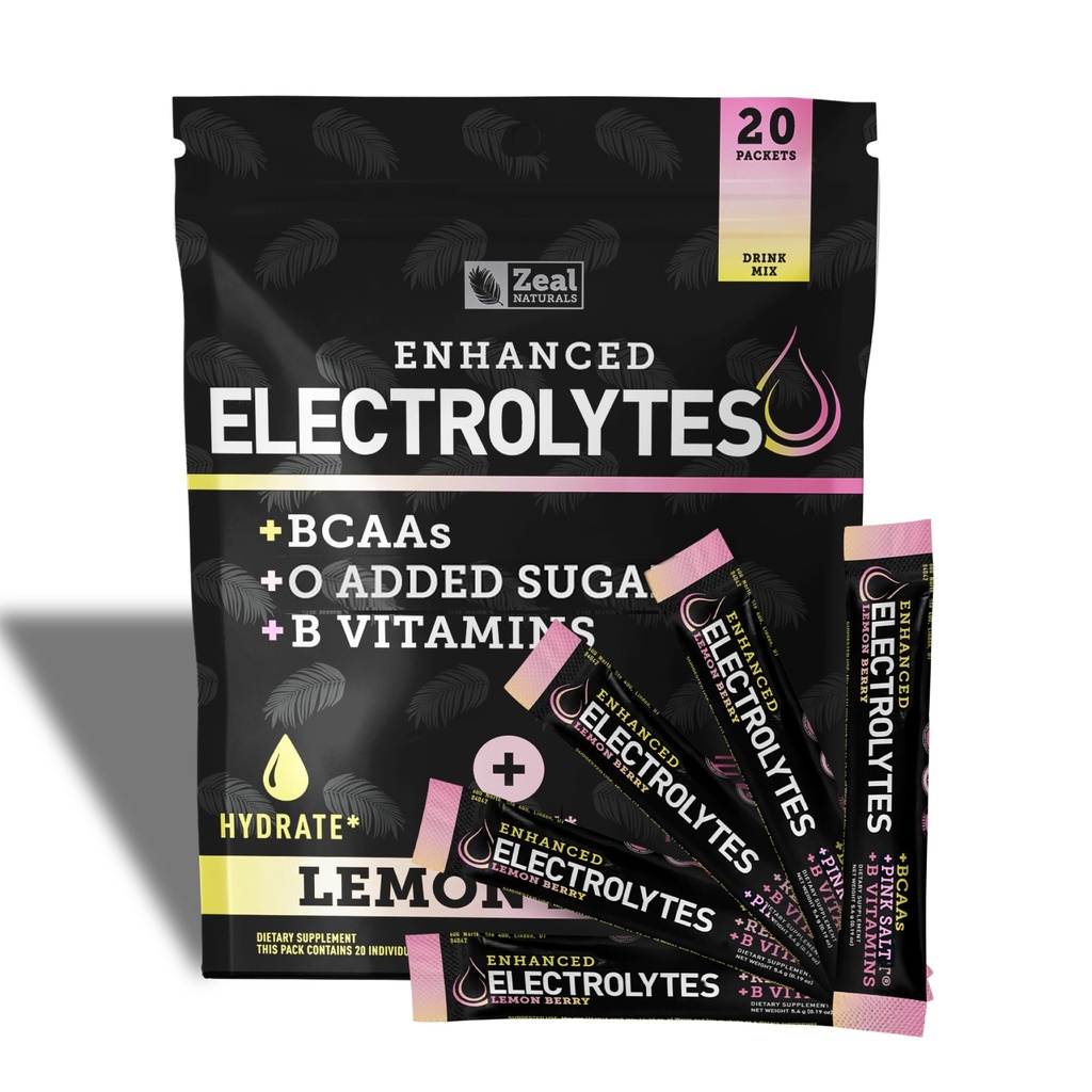 Vylepšené Electrolyte Powder Stick Packs (Lemon Berry 124; 20 Packets) w / 0 Cukr + BCAA + B-Vitamins Electrolyte Supplement w Draslík Zinek & Magnesium pro hydrataci - Keto Electrolytes