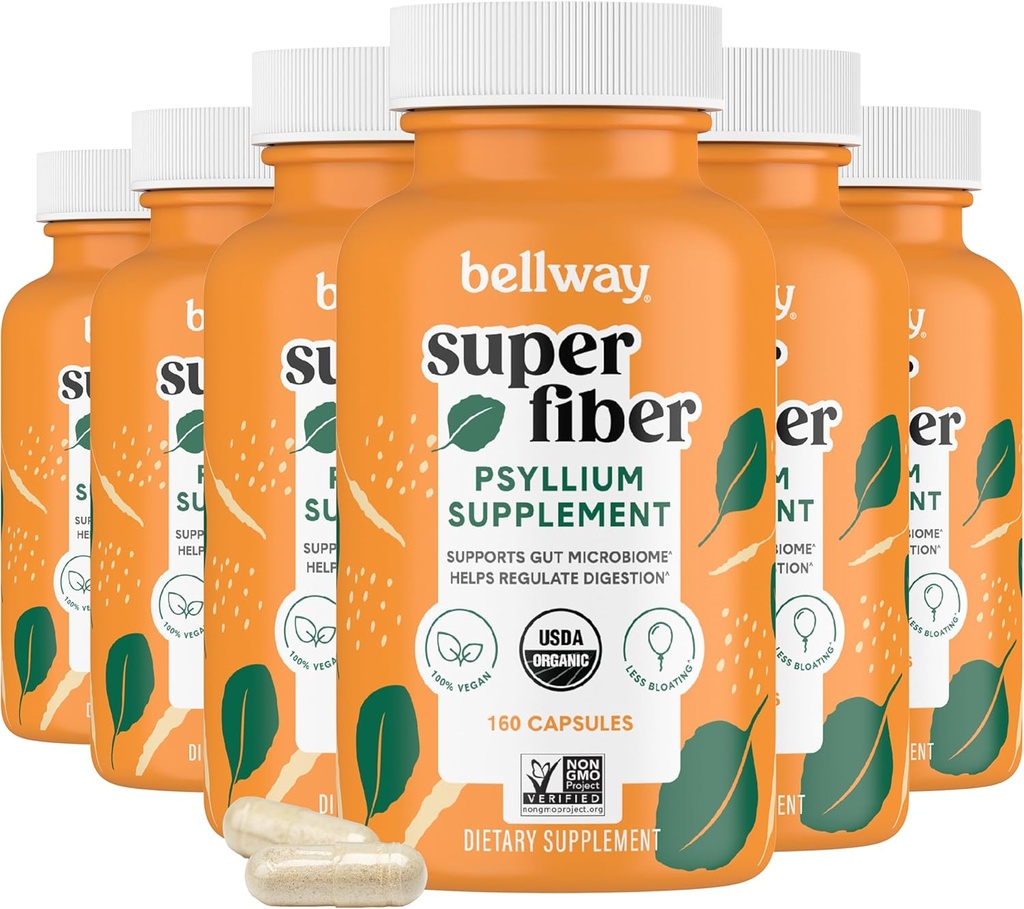 Bellway Super Fiber Kapsle (6 Pack) - USDA Organic Psylium Husk Kapsle - Denní Psylium Husk Fiber dodatek pro stravovací zdraví a regularitu, Plant based, Non- GMO, Kosher - 960 Kapsle