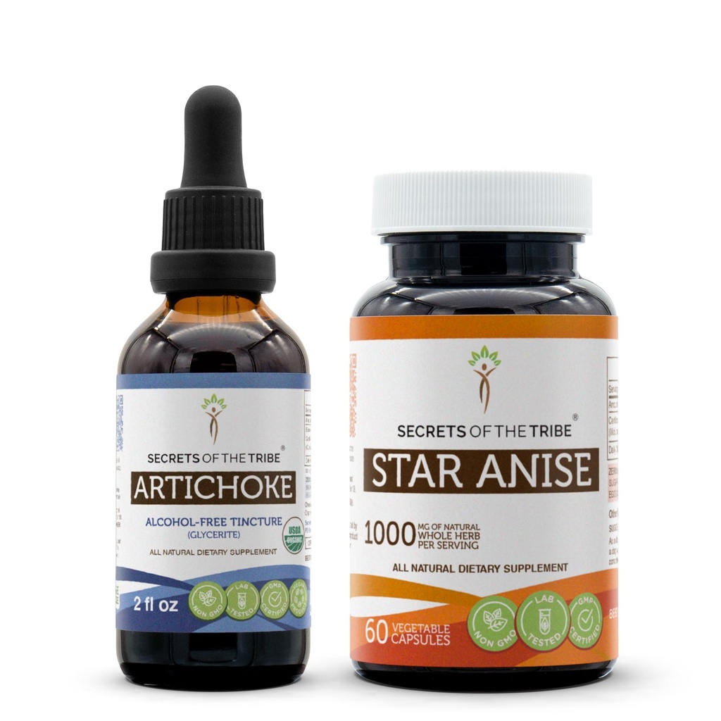 Artyčoky USDA Organic and Star Anise Kapsle (2 ks.) 124; Alkoholo- Free Organic Artichod (Cynara scolymus) Sured Leaf 2 oz a 1000 mg Star Anise (Illicium verum) Sušené osivo (60 Kapsle)