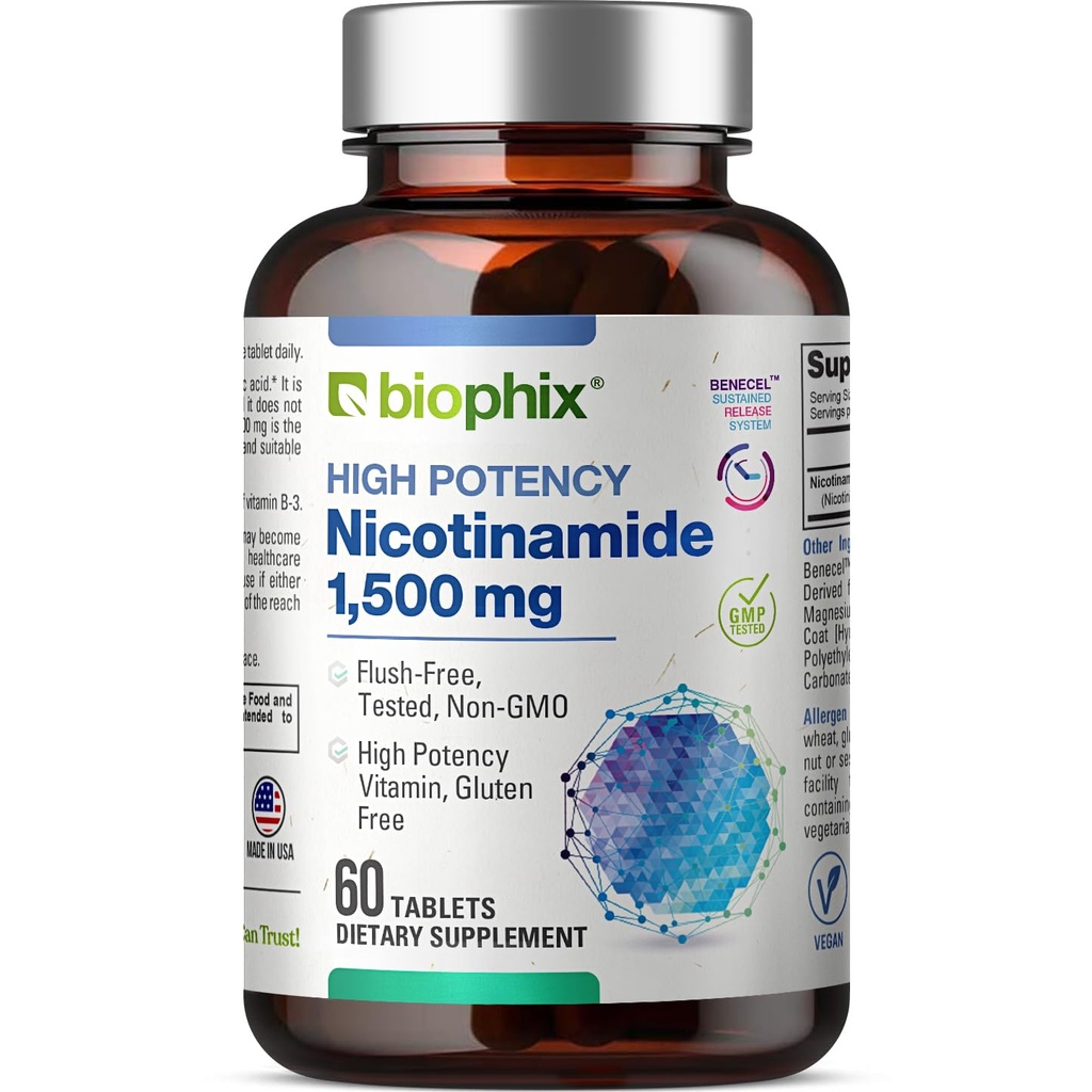 biophix B-3 Nikotinamid 1500 mg 60 tablet Maximální síla - nikotinový amid Niacin přírodní flush- bez vitaminové receptury - podporuje zdraví kožních buněk