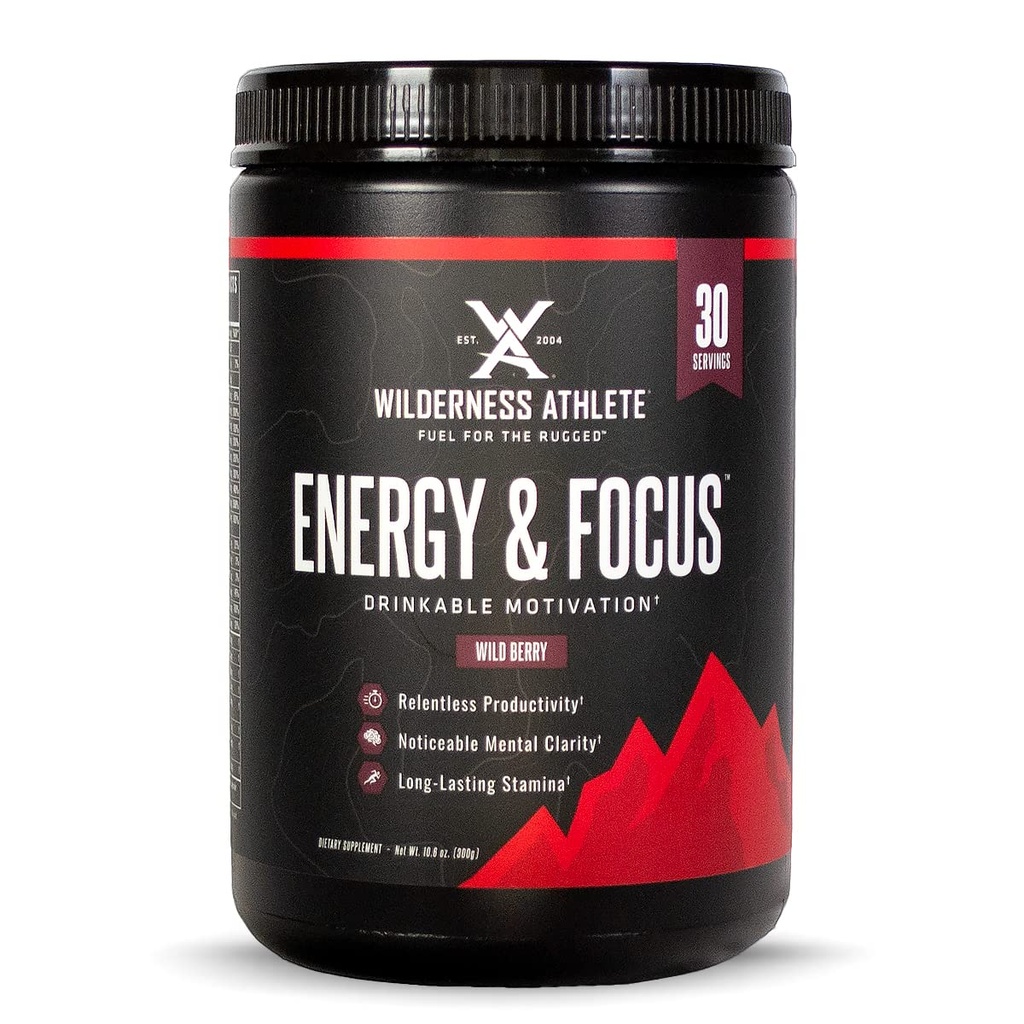Wilderness Athlet - Energy & Focus OF 124; Energy Pre Workout pro ženy a muže - Energy Powder Drink Mix s přírodním kofeinem - Low-Carb, Nulový cukr Workout Powder - 30 Serving Tub (Wild Berry)