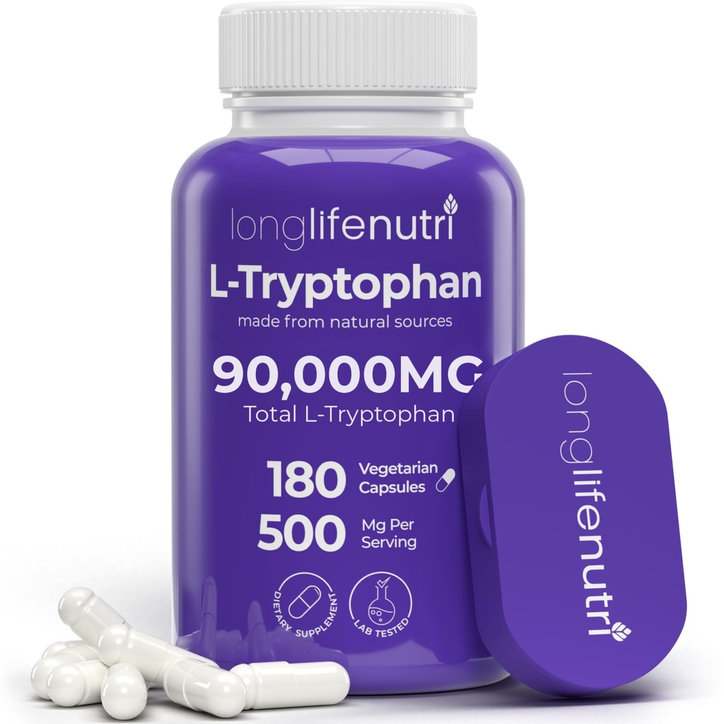L- Tryptophan 500mg - 180 Vegetariánských kapslí, 6- měsíční dodávka, pro spánkovou pomoc a stabilitu nálady, Lab Tested, Made in USA, Non- GMO
