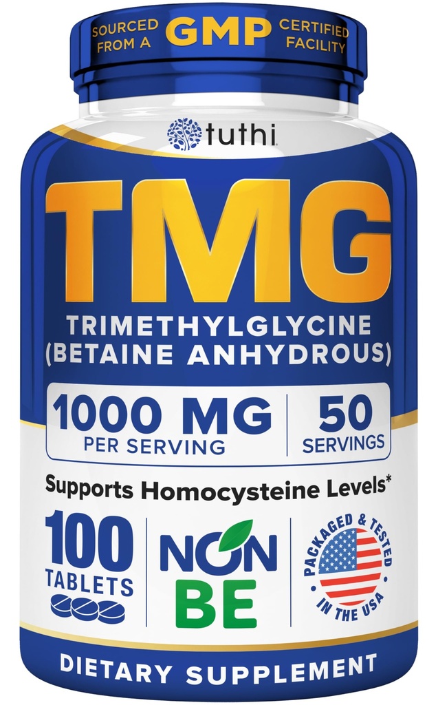 Tuthi TMG dodatek - 1000mg Trimethylglycin - Betaine Amino Acid for Cardiovactical Support and Health Homocysteine Levels - 100 Vegan Tablety - Gluten- Free, Non- GMO - Made in USA