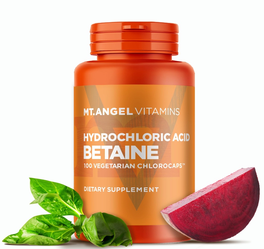 Mt. Angel Vitamíny - Kyselina chlorovodíková Betaine, podporuje zdravé trávení a žaludeční šťávy (100 vegetariánských chlorokapů)