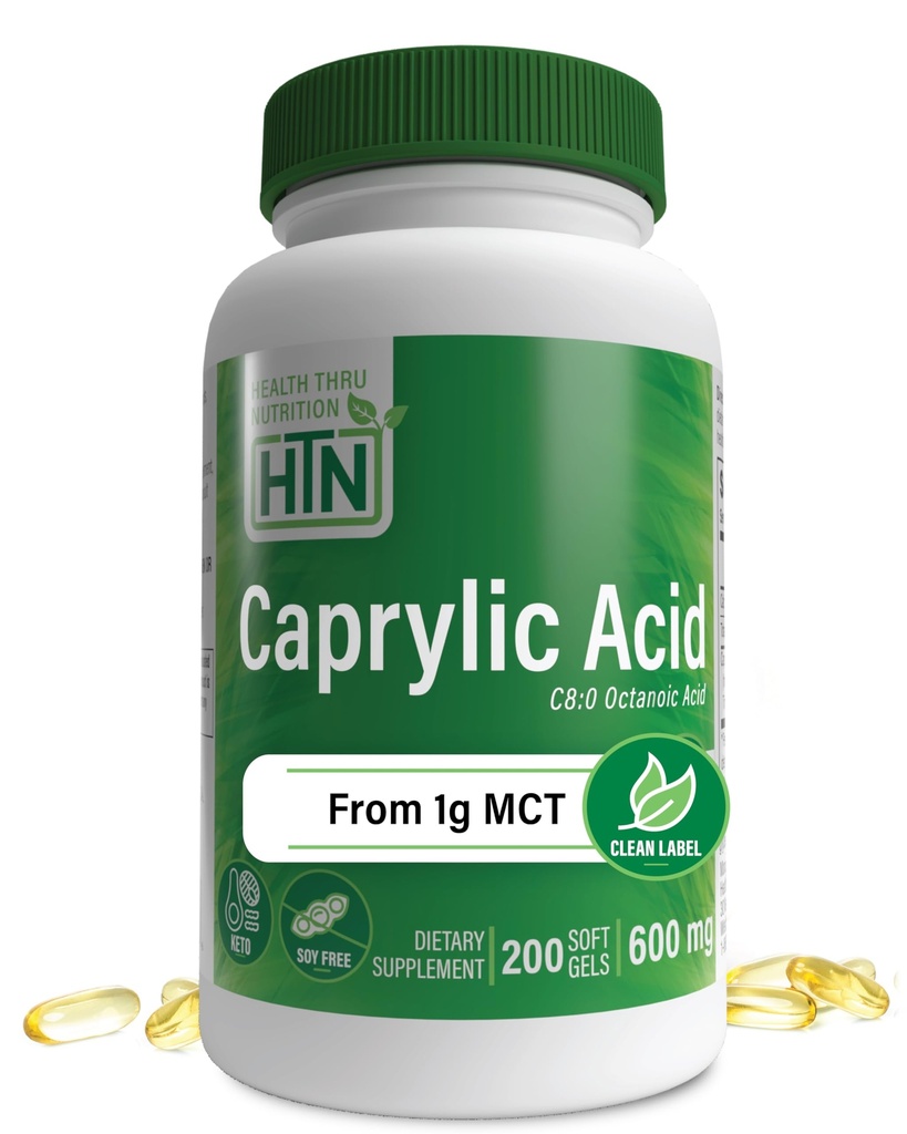 Zdraví Thru Nutrition Capyl Acid 600mg 200 Softgels C124; C8 Octanoic Acid from Pure 1g MCT Oil Acid 124; Non- GMO & Soy Free Acid 124; Podpora zdravé trávicí a střevní zdraví