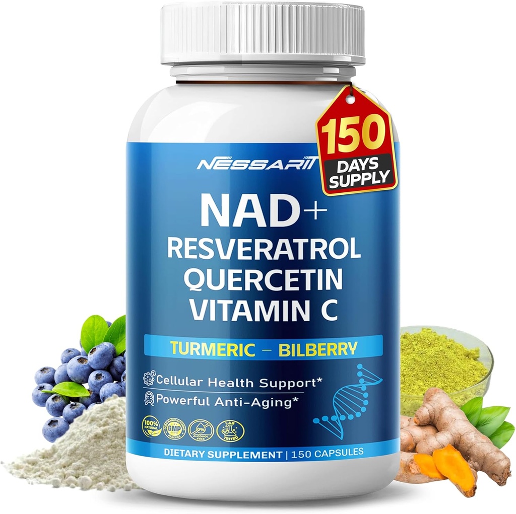 NAD + REVERATROL doplněk - 10- in-1 přírodní směs s Quercetin Turmeric Berberine Bilberry Green Tea - 150 Počet - Made & Tested v USA