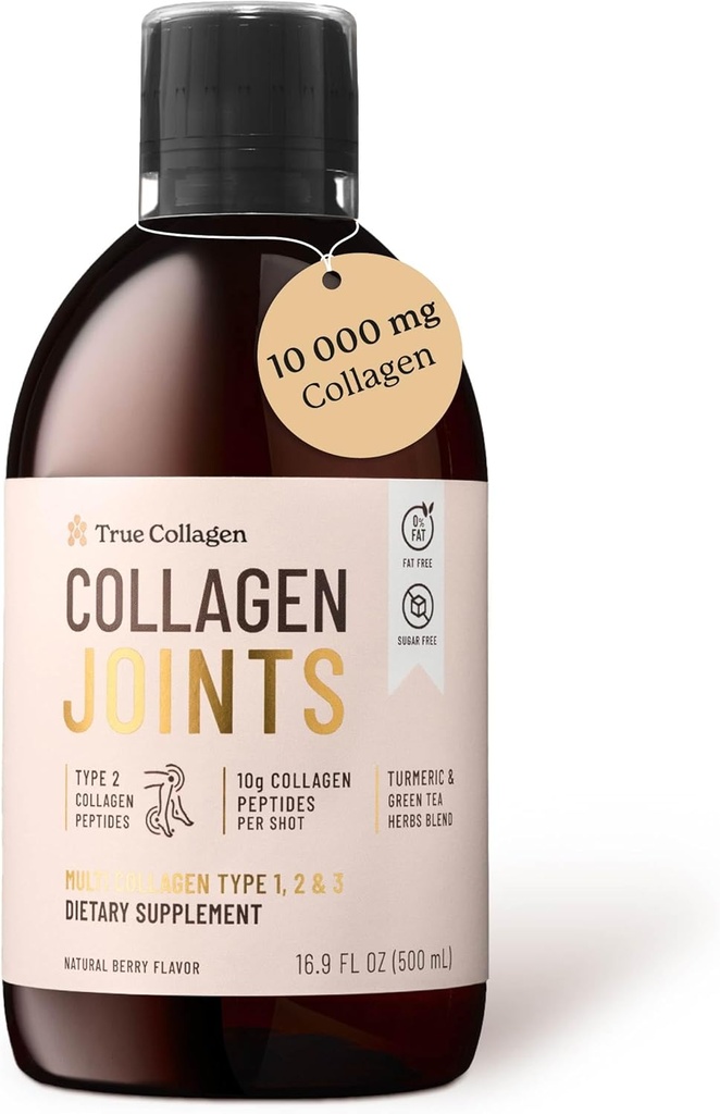 Pravé kolagenové spojky 124; 10 000 mg hydrolyzované kolagenové tekuté doplňky - 500 ml, 20 denní zásoba 124; Glukosamin, MSM a Chondroitin na podporu spojky 124; Fat- Free, Sugar- Free, 100% přírodní Berry Flavor