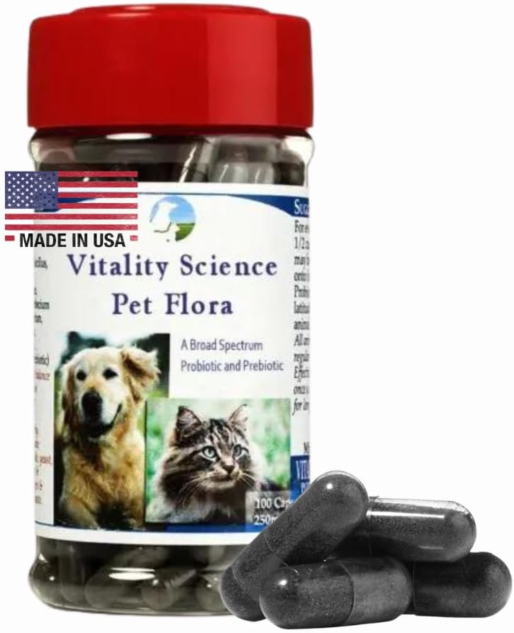 Vitality Science Pet Flora - Přírodní probiotika pro kočky & Psi 124; Dědičná podpora dodatek 124; Kočka zácpa & Psí plyn Relief 124; Denní Gut zdraví Probiotic (250 Kapsle)