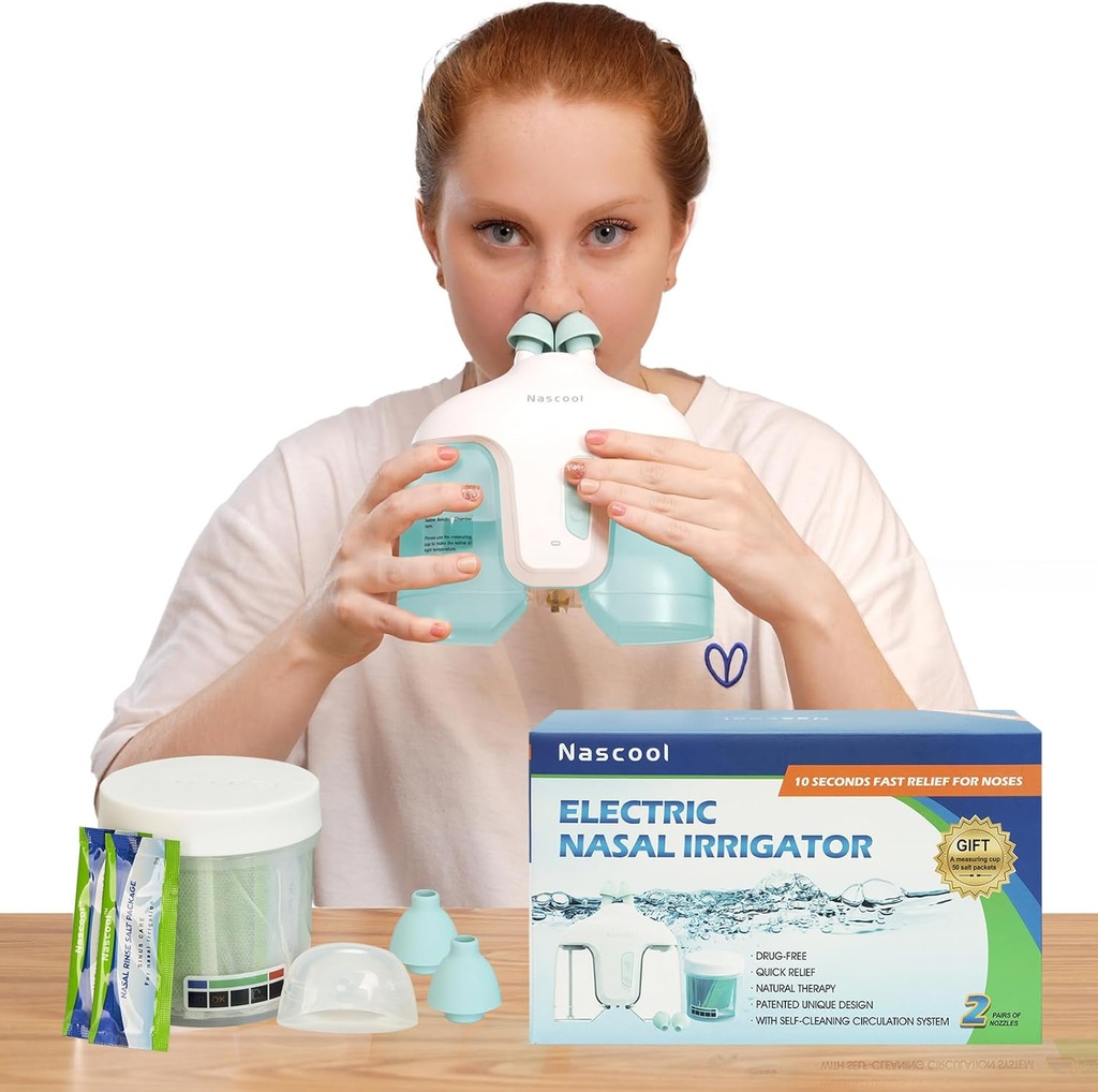 Elektrický Nasal zavlažovací systém, Nasal Rinse Machine Nose Cleaner pro Sinus Adult, Nose Washer, Nasal Rinsing systém s 50 Saline Packets (Zelené)