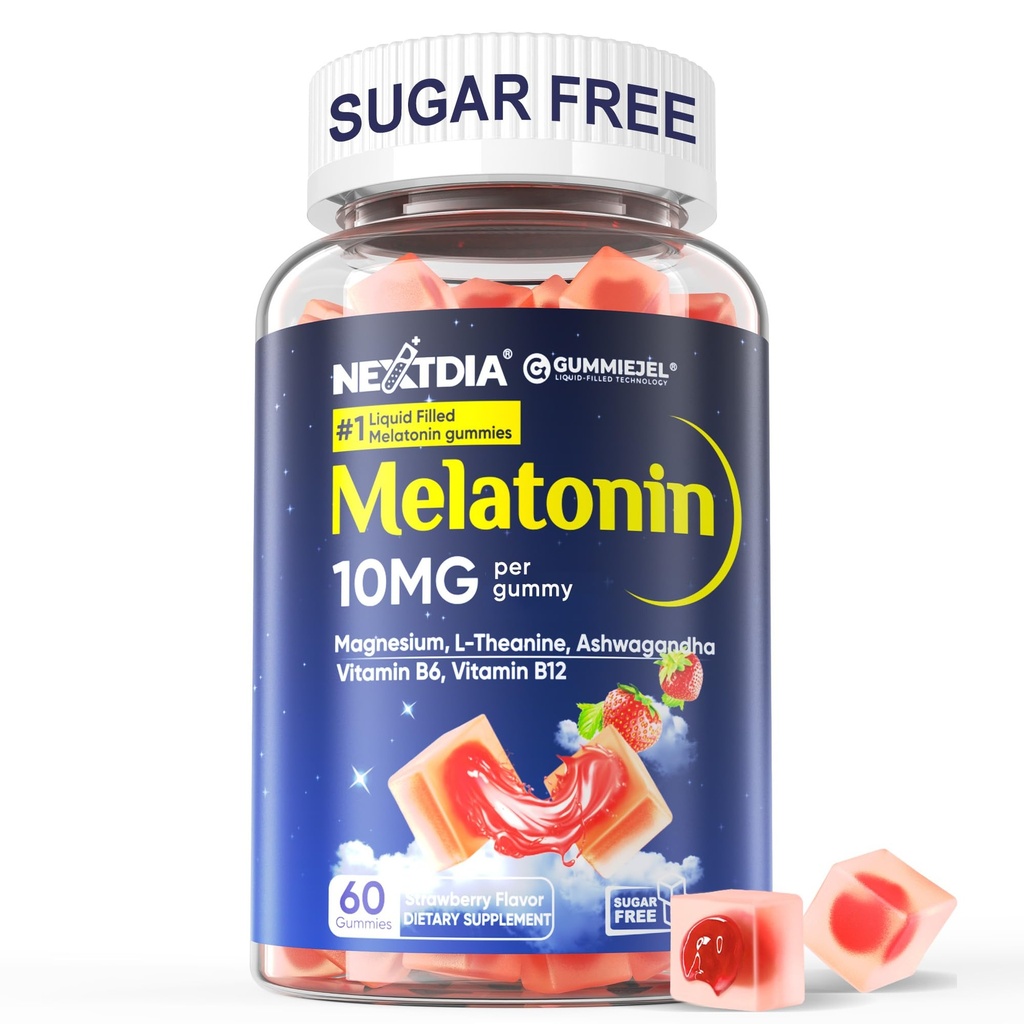Sugar Free Melatonin Gummies 10mg 20 mg Magnesium Glycinate Melatonin pro dospělé, Ashwagandha, L- Theanine, B6, B12, Lemon Balzám a heřmánek pro hluboké relaxace, Antioxidant, Vegan, 60 Den