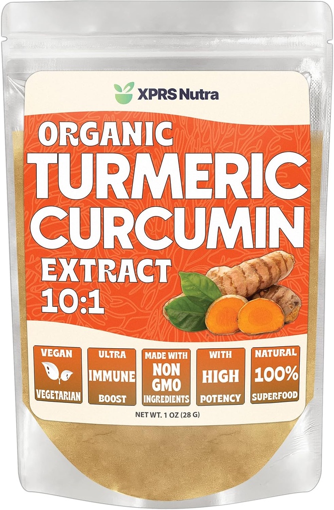 XPRS Nutra Organic Turmeric Curcumin Powder Extract 10: 1 - Premium USDA Organic Curcumin Powder for Imunity - Vegan Friendly Pure Curcumin for Gut Health (1 Ounce)