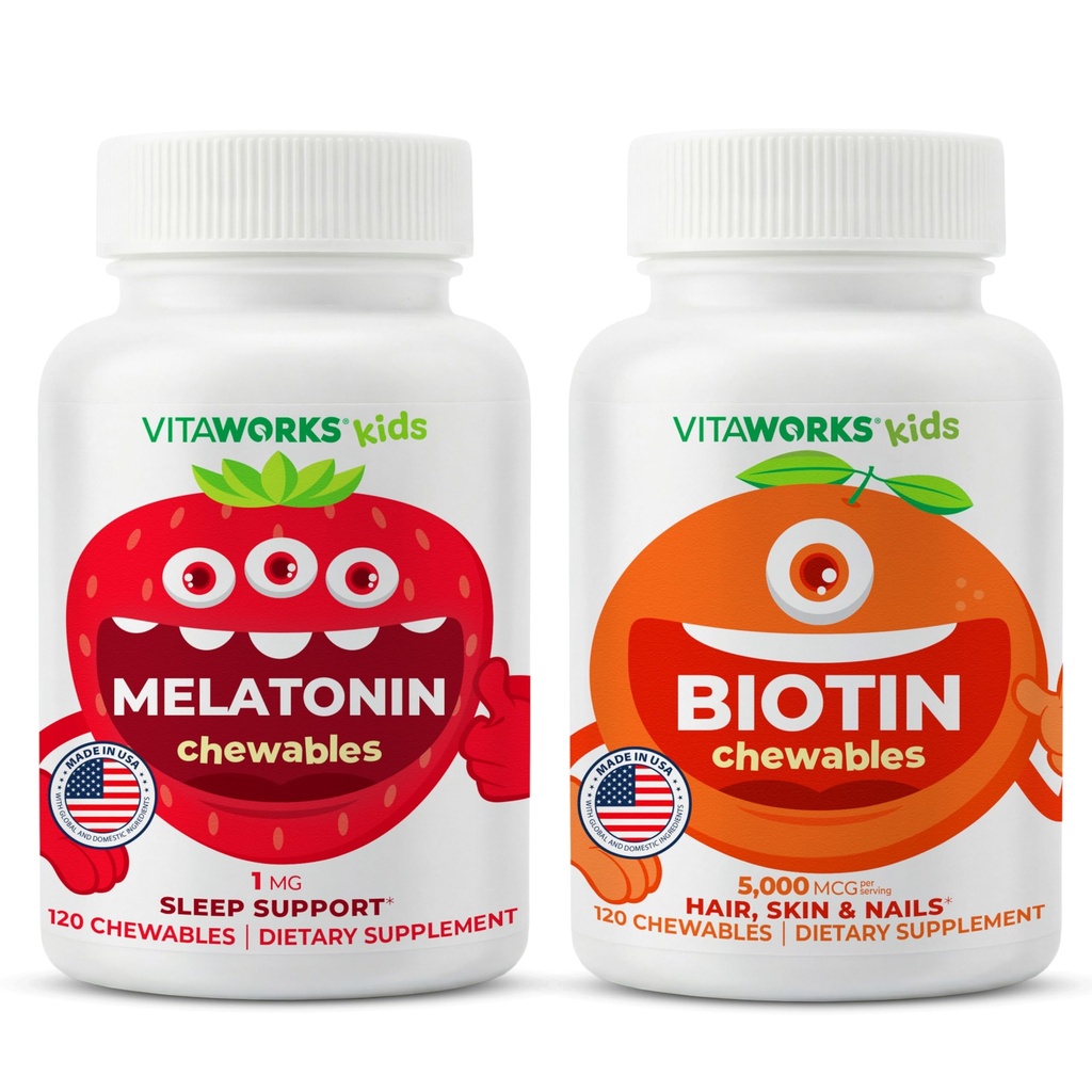 Děti Melatonin 1mg Chewables + Biotin 5000mcg Chewables Bundle