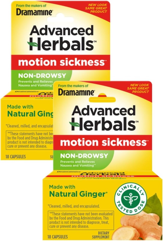 Dramamin Motion Relief, Non- Drowsy, Naturals with Ginger, 18 Ct. (Balení po 2)