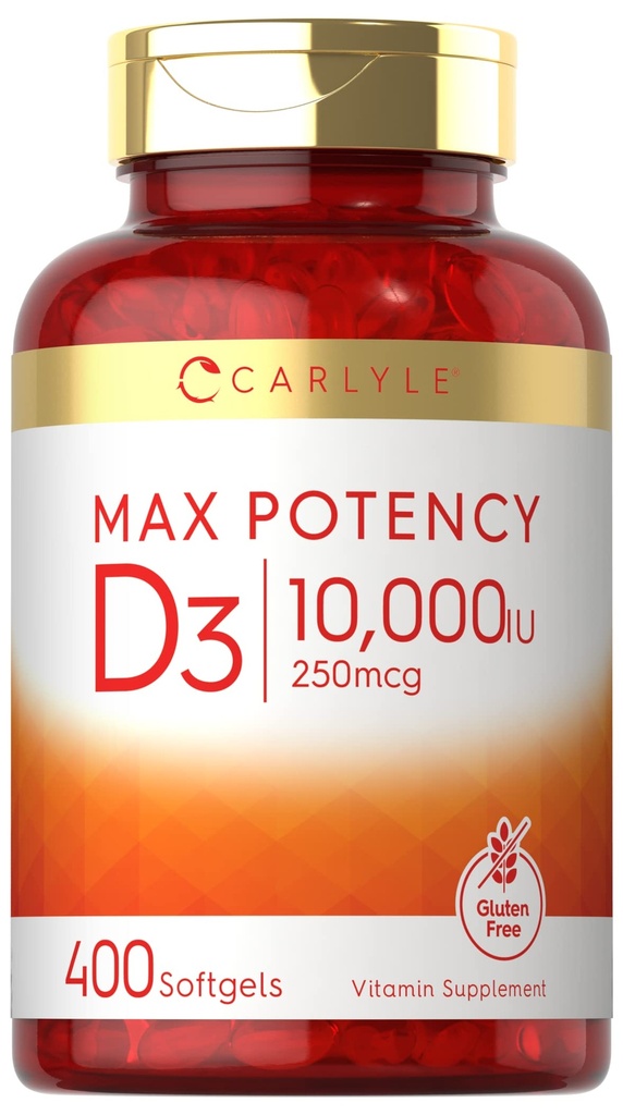 Carlyle Vitamin D 10000 IU 400 Softgels CLAS124; Velikost hodnoty CLAS124; Max Potency CLAS124; Non- GMO, gluten zdarma dodatek