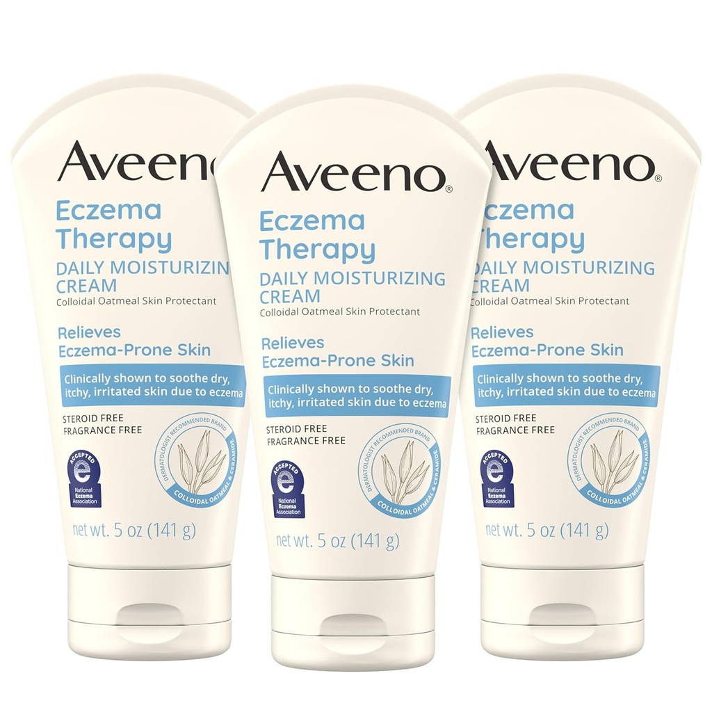 Aveeno Eczema Terapie Denní Moisturization Body Cream pro citlivou pleť, Soothing Eczema Relief Cream, Koloidní ovesné vločky & Ceramid pro suché a ltchy kůže, Steroid- & Fragrance-Free, 5 oz, balení po 3