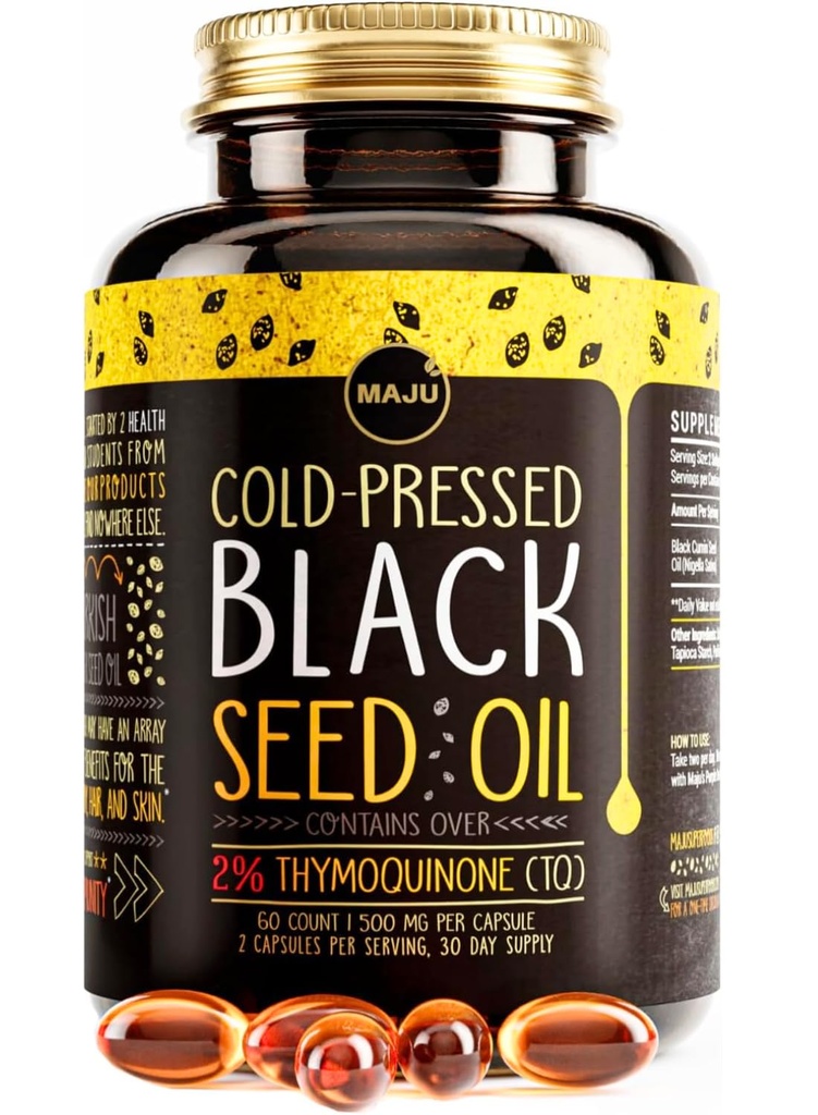 Maju Superfoods Black Seed Oil Capsules - Chladnokrevné kapsle, 2% Thymoquinon, 100% Turkian Black Cumin Nigella Sativa Seed Oil, Liquid Pure Blackseed 60 Count, 500mg na kapslí