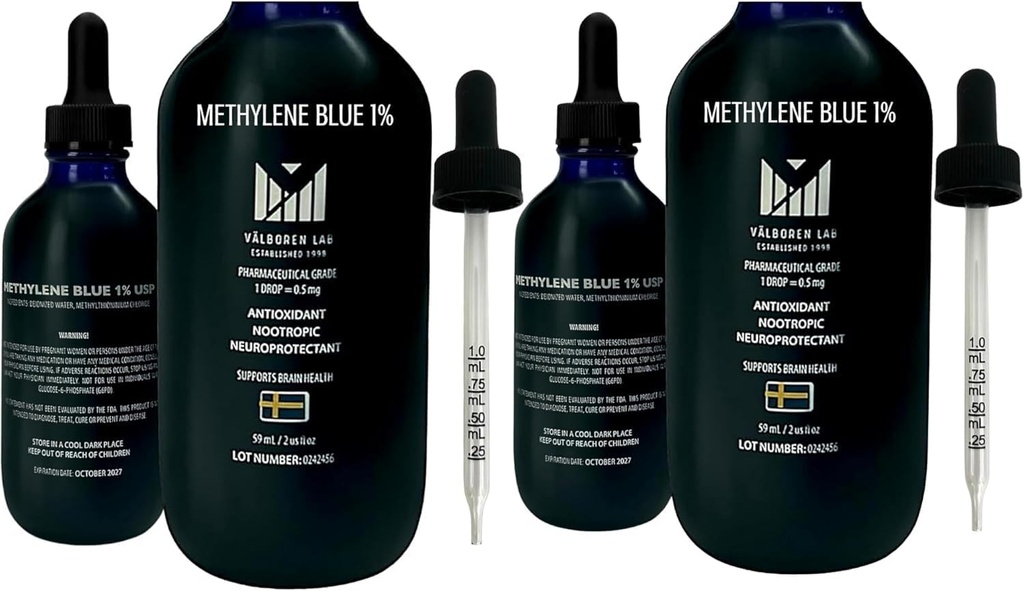 Metylene Blue Pharmaceutical Grade Bundle - 2 oz & 4 oz Lahve - USP Class - Made in USA - Third- Party Testováno, Formaldehyd & Alcohol- Free - Brain Health Supplement - Methylen 1% Kapky pro lidi