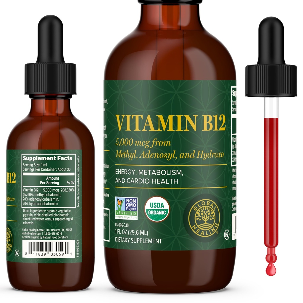 Globální léčebné centrum - vitamín B12 Sublingual 5000 MCG Organic Liquid Supplement, Methylkobalamin, Adenosylkobalamin, Hydroxo Long-Lasting Energy a zdravý metabolismus - Vegan B12 Vitamíny (1 Oz)