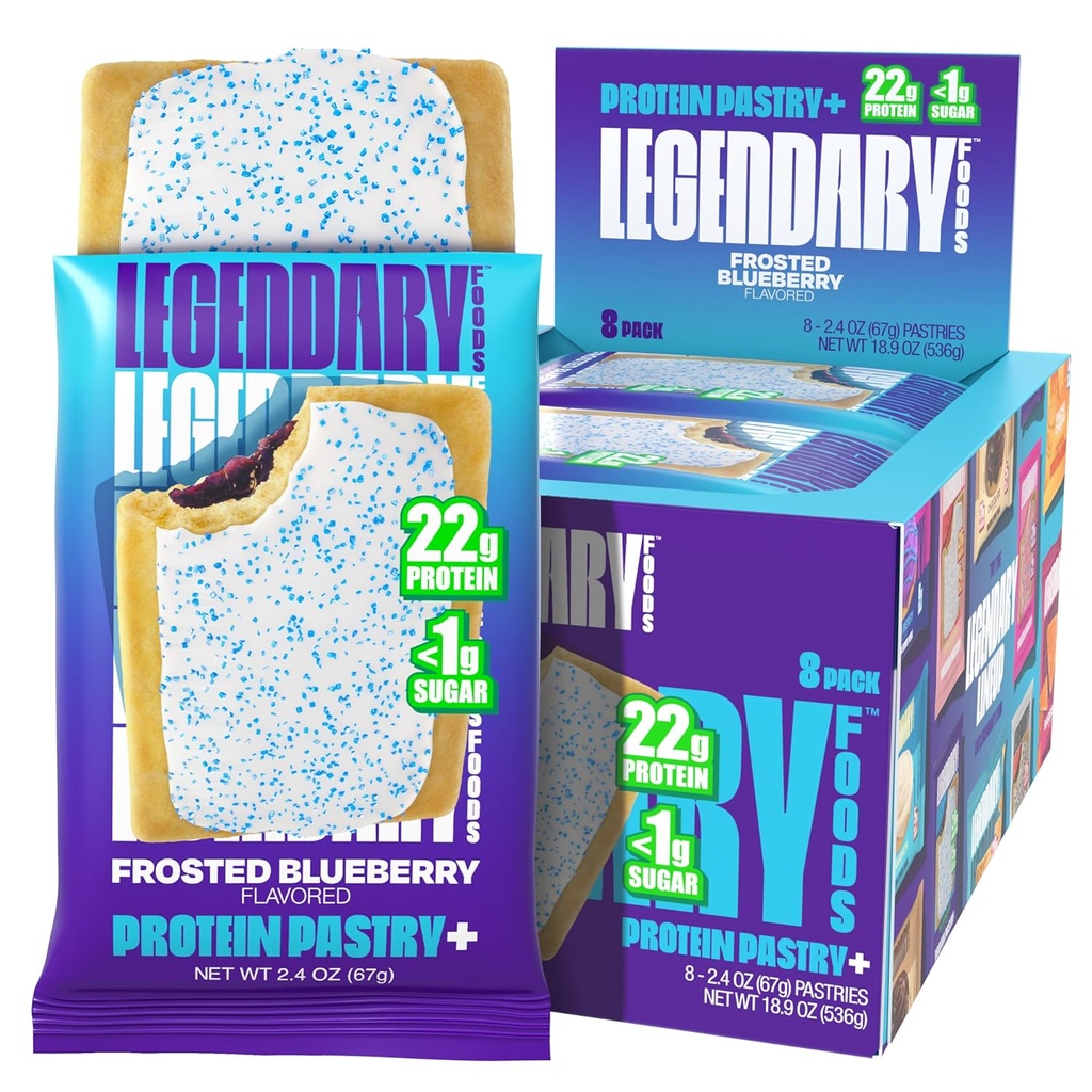 Legendární potraviny 22g Protein Pastry + Mražené borůvky, Low Carb Strava Náhradní Bar - Nízké Glycemické, Gluten zdarma Protien Snacks - Zdravé Keto Snack Box 8 Nulový cukr Energy Bary - Diabetic Friendly
