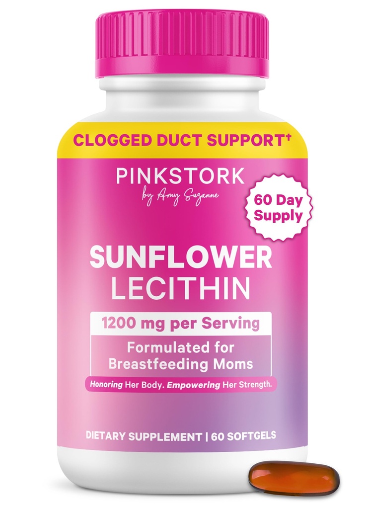 Pink Stork Sunflower Lecithin Supplement - 1200 mg pro ucpané mléčné kanálky - Kojení Essentials for Postpartum Moms - Podporuje průtok mléka - 60 Softgels