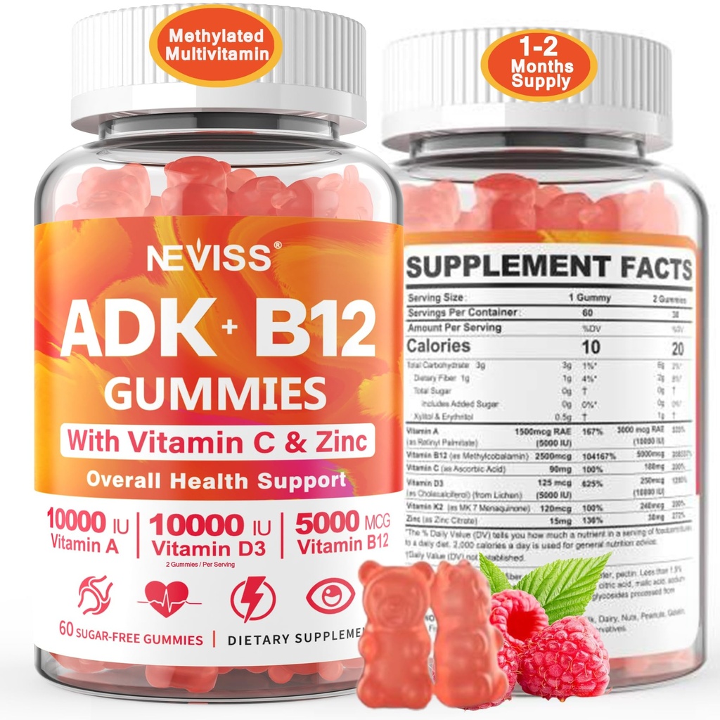 Methylovaný multivitamin Ženy Muži, Vitamin D3 K2 5000IU / 10,000IU, B12 5000 mcg 2500mcg, K2 (MK-7) 240mcg- ADK + methyl vitamin B12, Vegan D3, Vitamin A, C, Zink Eye, Bone, Energie, Imunní, Sugar- Free Gummies