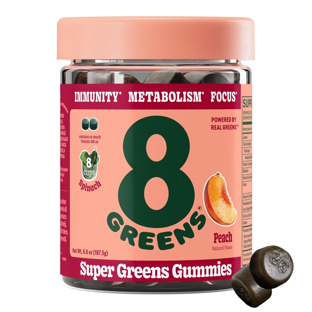 8Green Supergreens Gummies PHAR124; Super Green Powder Superfood Gummy for Metabolismus, Imunita & Focus, Digestive Health Enzymes, Organic: Chlorella, Spirulina, Aloe Vera, Peach Flavor, 50 Počet