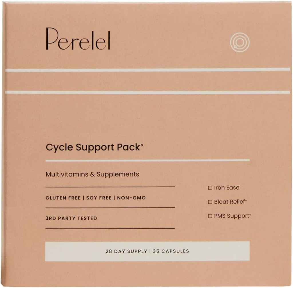 Perelel Cycle Support Pack, Denní dodatek s železem, vitamin C, B12 & Bloat a PMS Support Blend, Soy, Dairy & Gluten Free, non GMO, 28 Day Supply