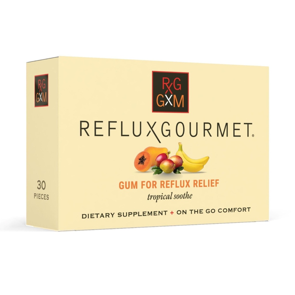 Reflux Gourmet Tropical Soothe Gum Alginate Terapie sodná sůl Bikarbonát Gum pro kyselý reflux, ústní, kognitivní a stravovací podpora, přírodní s Ginger, Celeriac, Aloe, cukr zdarma, gluten zdarma, Vegan