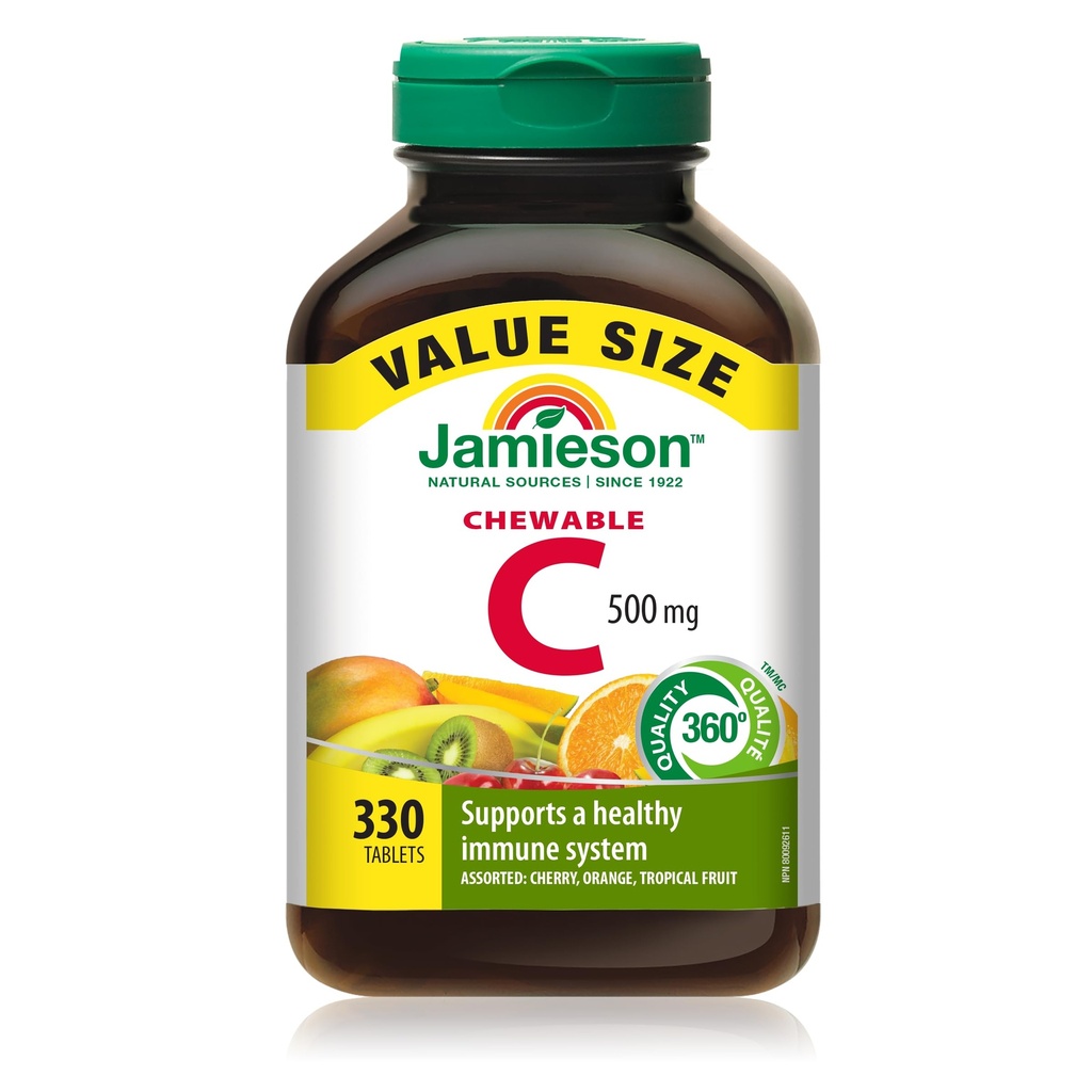 Jamieson Chewable Vitamin- C 500mg Doplněk hodnoty Pack (330 Počet), Smíšené 3 Flavors