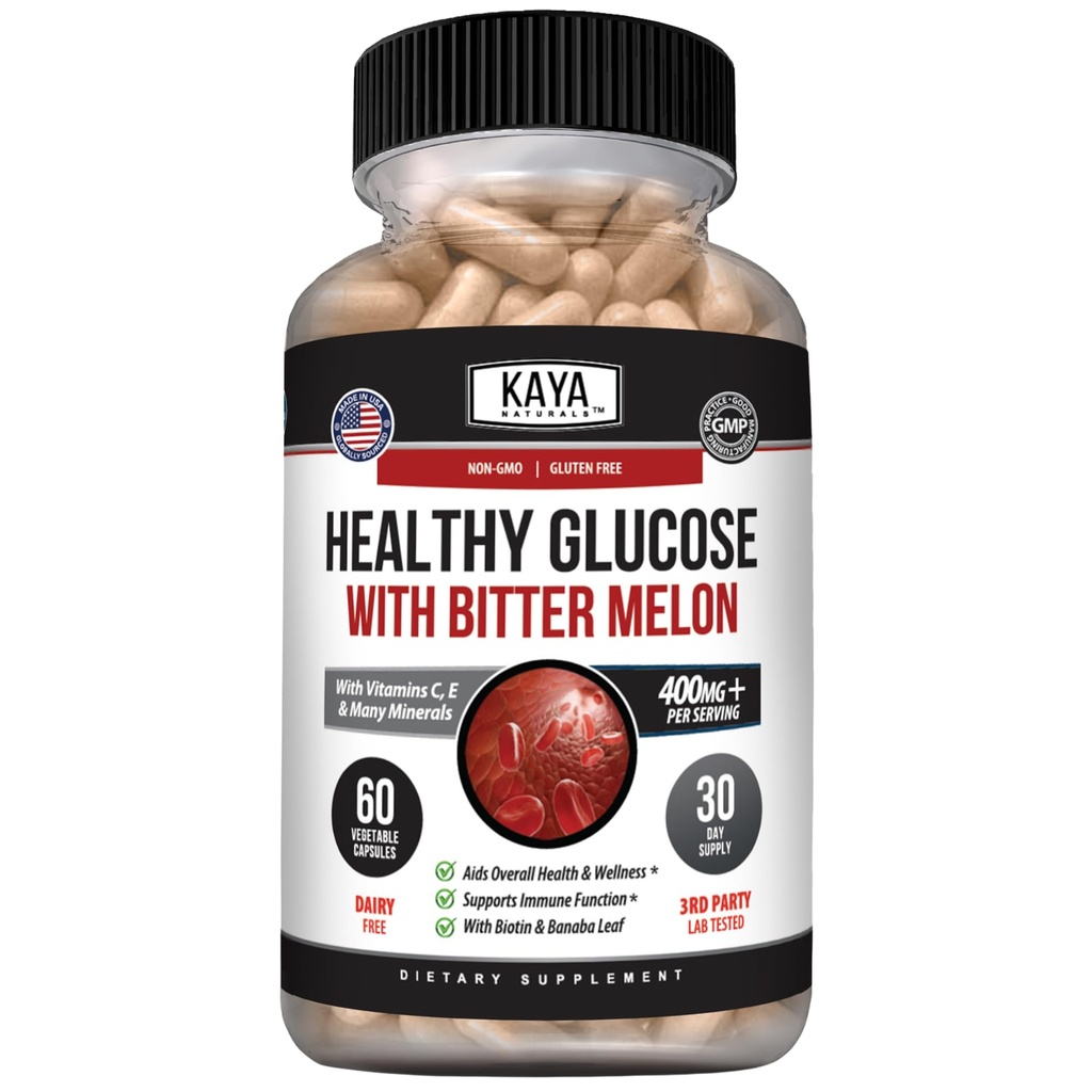 Kaya Naturals Zdravé Gluco s doplňkem Bittermelon 124; Podpora zdravé hladiny a funkce, 20 Byliny Vitamíny a minerály, Alpha Lipoic Acide, Skořice, Vitamin C & E, Non- GMO (60 Počet)