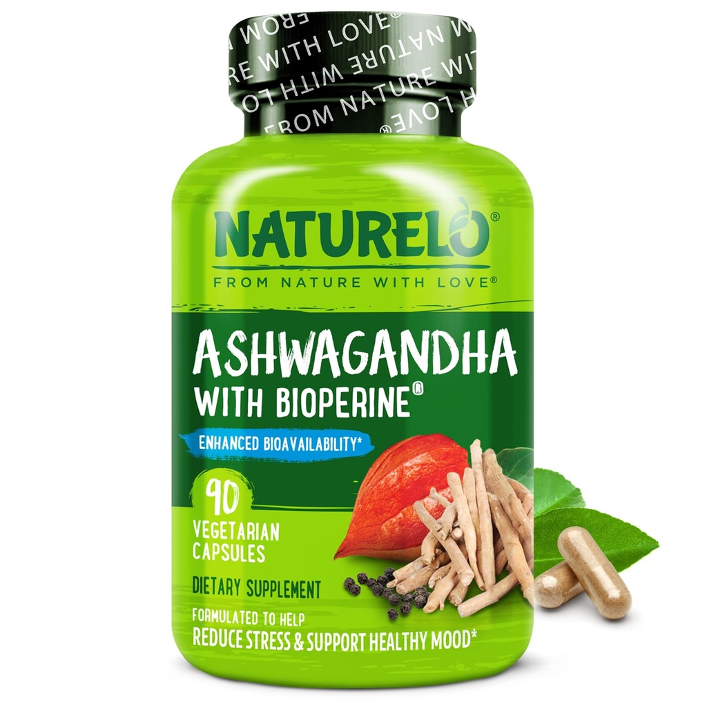 NATURELO Ashwagandha Organic Root Powder - Přírodní Byliny dodatek pro únavu, Stress Relief, Mood Enhancer - s černým pepřovým extraktem - 90 Vegan Kapsle