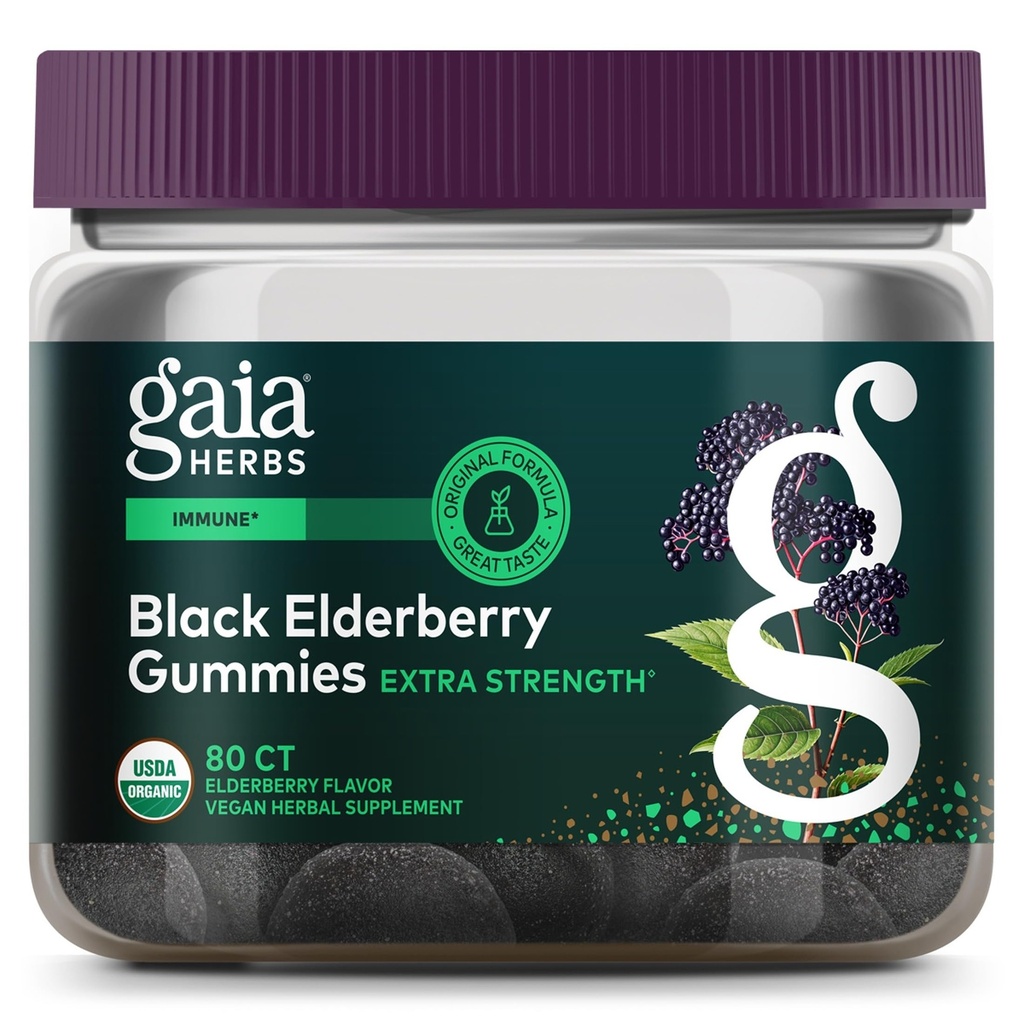 Gaia Herbs Black Elderberry (Sambucus Nigra) Extra Silní gumy - Delicious Imunitary Supplement - Vyrobeno s certifikovanými organickými černými brusinkami pro podporu imunitního systému - 80 Gumy