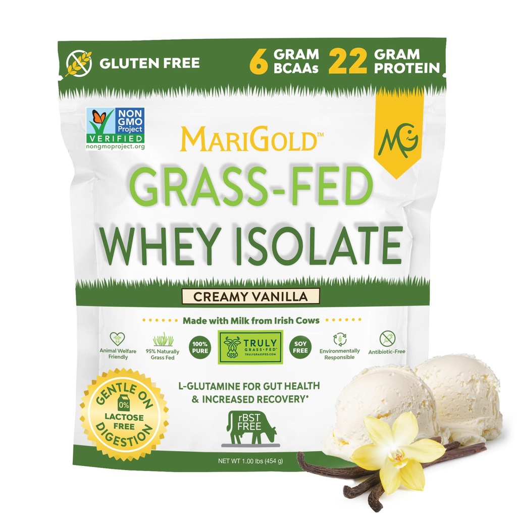 MariGold Grass- feed Whey Protein Isolate Powder - krémová vanilka Flavor - 1 Lb Taška 124; 100% čisté, Cold-zpracované, mikrofiltrované, nedenaturované, Non- GMO, rBGH zdarma, Soy Free, gluten Free, laktóza zdarma