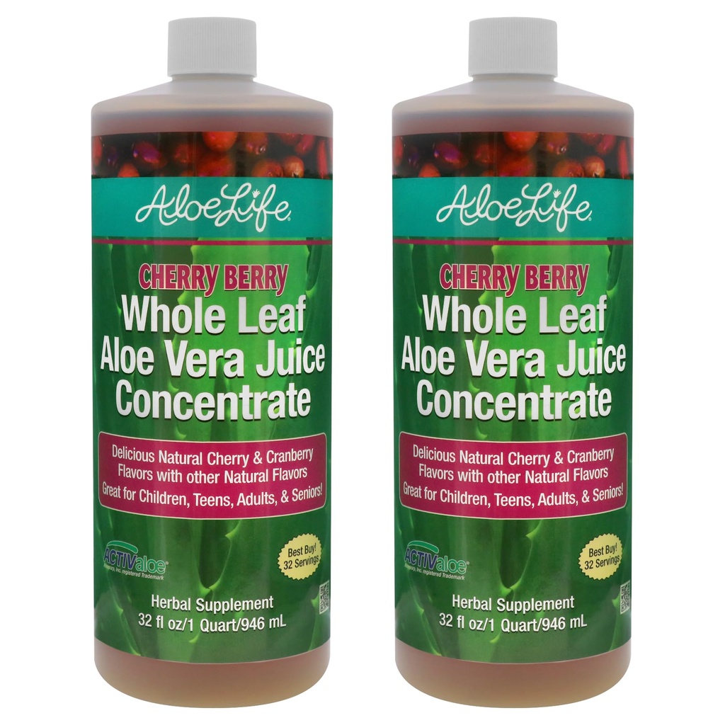Aloe Life - All Leaf Aloe Vera Juice, Organic, Gluten- Free (Cherry Berry, 32 oz) OF 124; 2- Pack