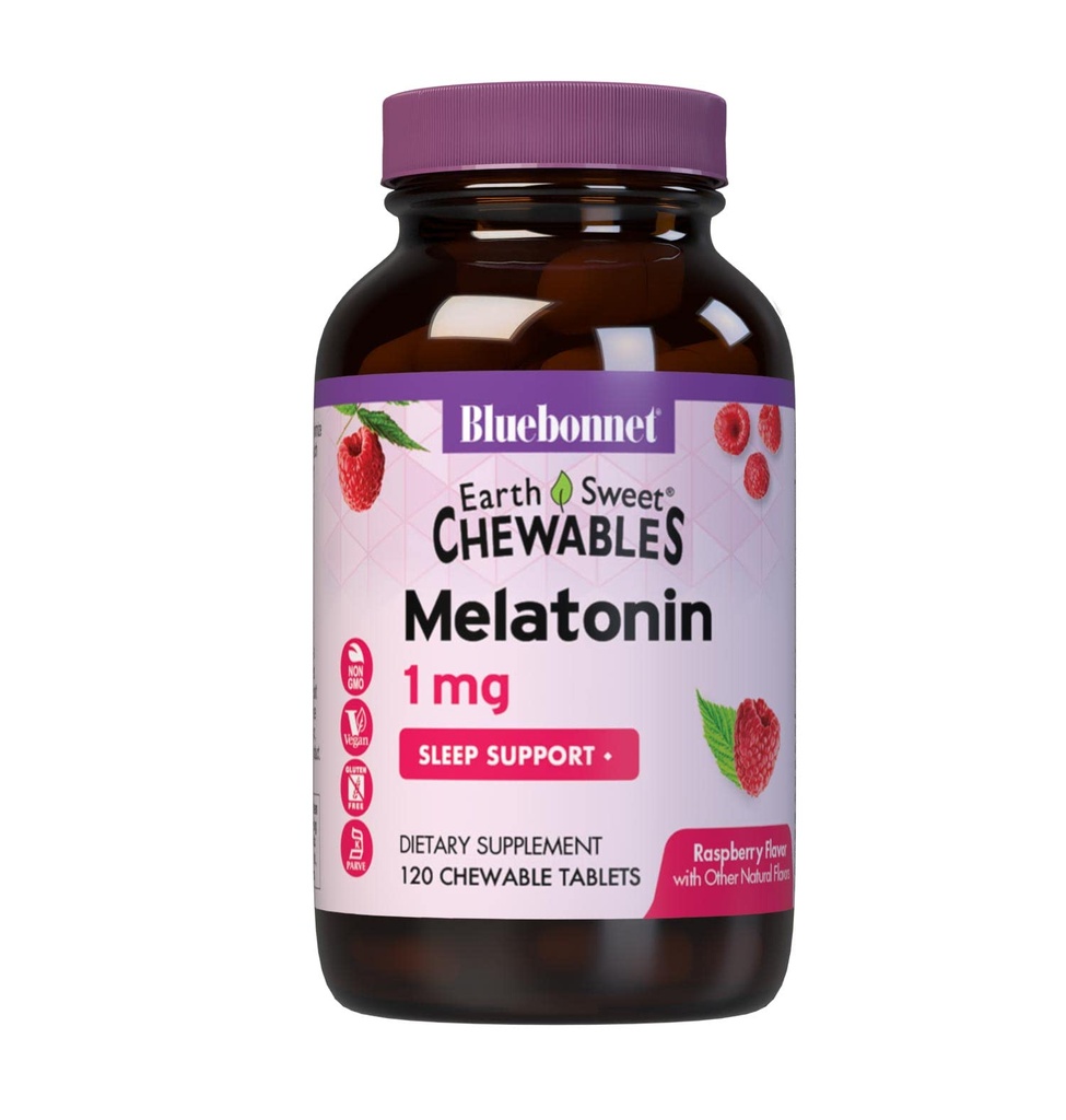 Bluebonnet Nutrition EarthSweet Melatonin 1 mg Fast- acting Quick Disold Nighttime Relaxation & Restful Sleep Support - Sleep Aid - Gluten- Free, Vegan - Raspberry Flavor - 120 Žvýkací tablety