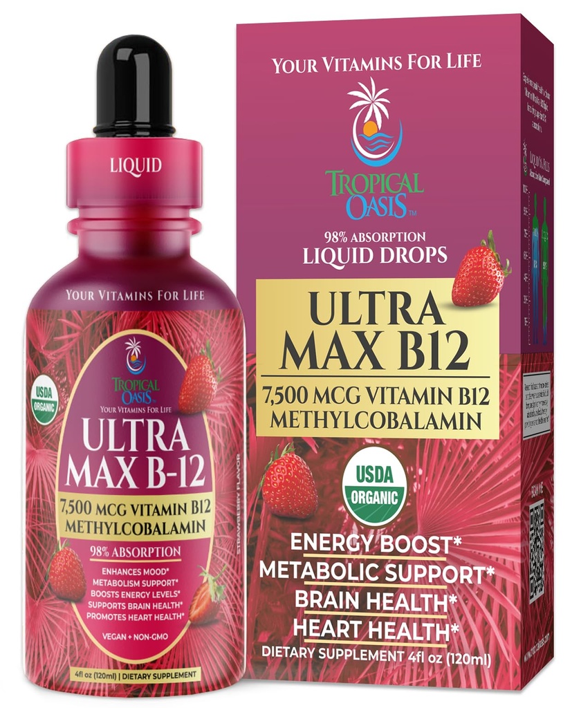 USDA Organic Ultra Max B12 IR 124; Superdose 7500mcg Vitamin B12 Liquid Drops IR 124; B12 as Methylkobalamin IR 124; Max 98% Absorpční rychlost 124; Promotes Energy IR 124; Vegan, Non- GMO, Jahodová chuť -4oz