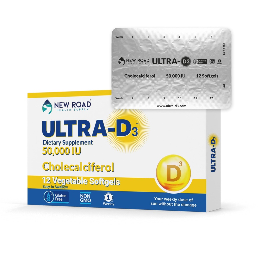 New Road Health Supply, High- Potency Vitamin D3 50,000 IU, One-Týdenní Softgel, Podporuje kosti, zuby & imunitní zdraví, Easy- to- Polykat, Gluten- Free, 12 Počet